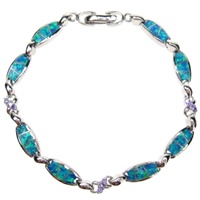 Silver Bracelet (Rhodium Plated) w/ Inlay Created Opal & Tanzanite CZ