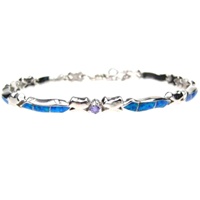 Silver Bracelet (Rhodium Plated) w/ Inlay Created Opal & Tanzanite CZ