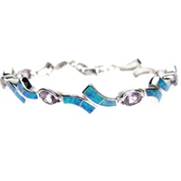 Silver Bracelet (Rhodium Plated) w/ Inlay Created Opal & Amethyst CZ