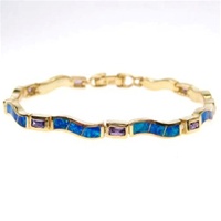 Silver Bracelet (Gold Plated) w/ Inlay Created Opal & Tanzanite CZ