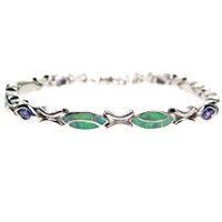 Silver Bracelet (Rhodium Plated) w/ Inlay Created Green Opal & Tanzanite CZ