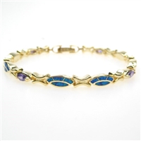 Silver Bracelet (Gold Plated) w/ Inlay Created Opal & Tanzanite CZ