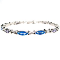 Silver Bracelet (Rhodium Plated) w/ Inlay Created Opal & Tanzanite CZ
