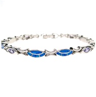 Silver Bracelet (Rhodium Plated) w/ Inlay Created Opal & Tanzanite CZ