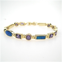 Silver Bracelet (Gold Plated) with Inlay Created Opal & Tanzanite CZ