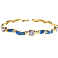 Silver Bracelet (Gold Plated) w/ Inlay Created Opal & Tanzanite CZ