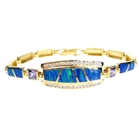 Silver Bracelet (Gold Plated) w/ Inlay Created Opal & Tanzanite CZ