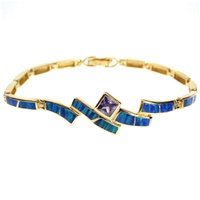 Silver Bracelet (Gold Plated) w/ Inlay Created Opal & Tanzanite CZ