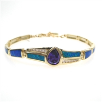 Silver Bracelet (Gold Plated) with Inlay Created Opal & Tanzanite CZ