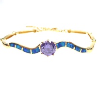 Silver Bracelet (Gold Plated) w/ Inlay Created Opal & Tanzanite CZ