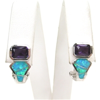 Silver Earrings with Inlay Created Opal and Amethyst CZ