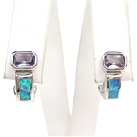 Silver Earrings with Inlay Created Opal and Amethyst CZ