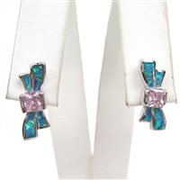 Silver Earrings with Inlay Created Opal and Pink CZ