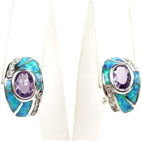 Silver Earrings with Inlay Created Opal, White and Amethyst CZ