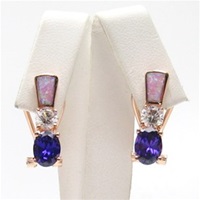 Silver Earring (Rose Gold Plated) with Inlay Created Opal, White and Tanzanite CZ