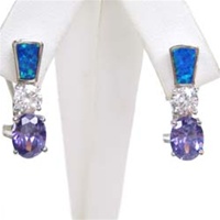 Silver Earring with Inlay Created Opal and Tanzanite CZ