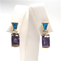 Silver Earrings (Gold Plated) with Inlay Created Opal, White & Tanzanite CZ