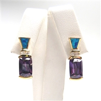 Silver Earrings (Gold Plated) with Inlay Created Opal, White & Tanzanite CZ