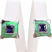 Silver Earring with Inlay Created Opal and Tanzanite CZ