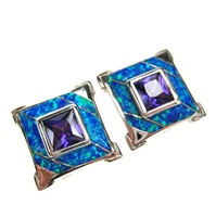 Silver Earrings (Rhodium Plated) w/ Inlay Created Opal & Tanzanite CZ