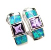 Silver Earrings (Rhodium Plated) w/ Inlay Created Opal & Amethyst CZ