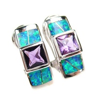 Silver Earrings (Rhodium Plated) w/ Inlay Created Opal & Amethyst CZ