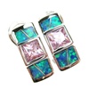 Silver Earrings (Rhodium Plated) w/ Inlay Created Opal & Pink CZ