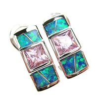Silver Earrings (Rhodium Plated) w/ Inlay Created Opal & Pink CZ