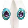 Silver Earrings (Rhodium Plated) w/ Inlay Created Opal & Amethyst CZ