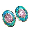 Silver Earrings (Rhodium Plated) w/ Inlay Created Opal & Pink CZ