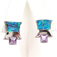 Silver Earrings (Rhodium Plated) w/ Inlay Created Opal & Amethyst CZ