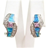 Silver Earrings (Rhodium Plated) w/ Inlay Created Opal & Pink CZ