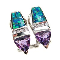 Silver Earrings (Rhodium Plated) w/ Inlay Created Opal, White & Amethyst CZ