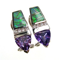 Silver Earrings (Rhodium Plated) w/ Inlay Created Opal, White & Tanzanite CZ