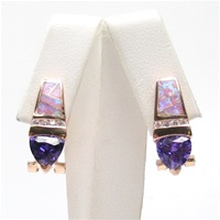 Silver Earring (Rose Gold Plated) with Inlay Created Opal, White and Tanzanite CZ
