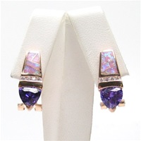 Silver Earring (Rose Gold Plated) with Inlay Created Opal, White and Tanzanite CZ