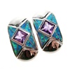 Silver Earrings (Rhodium Plated) w/ Inlay Created Opal & Amethyst CZ