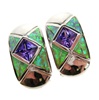 Silver Earrings (Rhodium Plated) w/ Inlay Created Opal & Tanzanite CZ