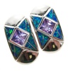 Silver Earrings (Rhodium Plated) w/ Inlay Created Opal & Tanzanite CZ