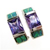 Silver Earrings (Rhodium Plated) w/ Inlay Created Opal & Tanzanite CZ