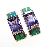 Silver Earrings (Rhodium Plated) w/ Inlay Created Opal & Tanzanite CZ