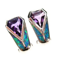 Silver Earrings (Rhodium Plated) w/ Inlay Created Opal & Amethyst CZ