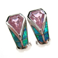 Silver Earrings (Rhodium Plated) w/ Inlay Created Opal & Pink CZ