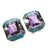 Silver Earrings (Rhodium Plated) w/ Inlay Created Opal & Amethyst CZ