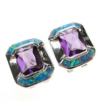 Silver Earrings (Rhodium Plated) w/ Inlay Created Opal & Amethyst CZ