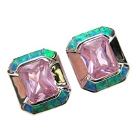 Silver Earrings (Rhodium Plated) w/ Inlay Created Opal & Pink CZ