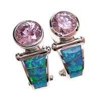 Silver Earrings (Rhodium Plated) w/ Inlay Created Opal & Pink CZ