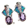 Silver Earrings (Rhodium Plated) w/ Inlay Created Opal & Amethyst CZ