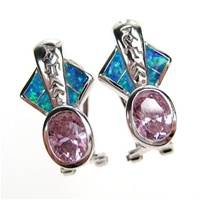 Silver Earrings (Rhodium Plated) w/ Inlay Created Opal & Pink CZ