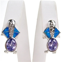 Silver Earring with Inlay Created Opal and Tanzanite CZ